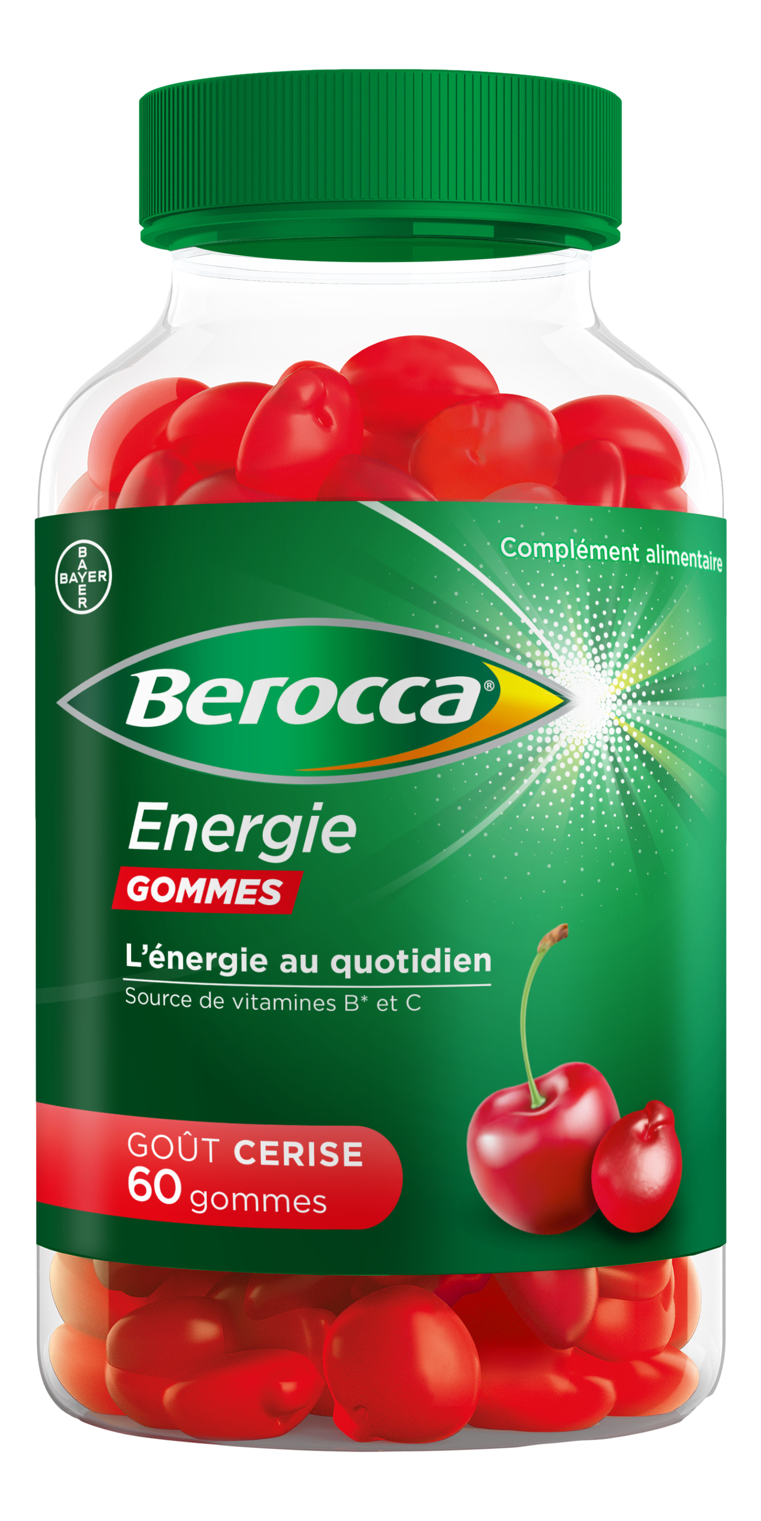 BEROCCA ENERGIE gomme cerise Berocca Énergie Gommes est un complément alimentaire à base de vitamines B et C. Les vitamines B1, B2, B3, B6, B8 et B12 contribuent à un métabolisme énergétique normal. La vitamine C contribue à réduire la fatigue.