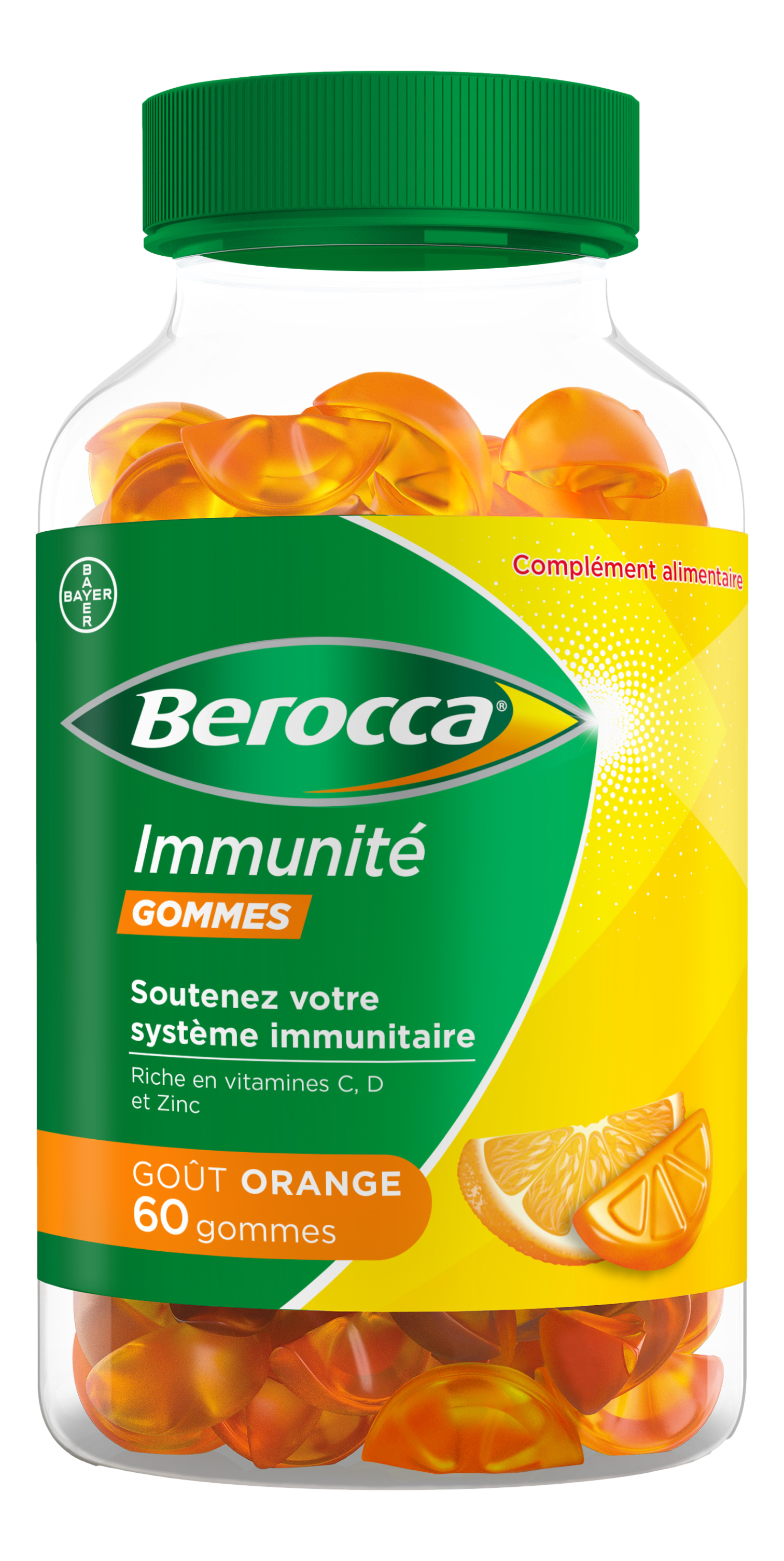 BEROCCA IMMUNITE gomme orange Berocca Immunité Gommes est un complément alimentaire à base de vitamines C, D et de zinc qui contribuent au fonctionnement normal du système immunitaire.